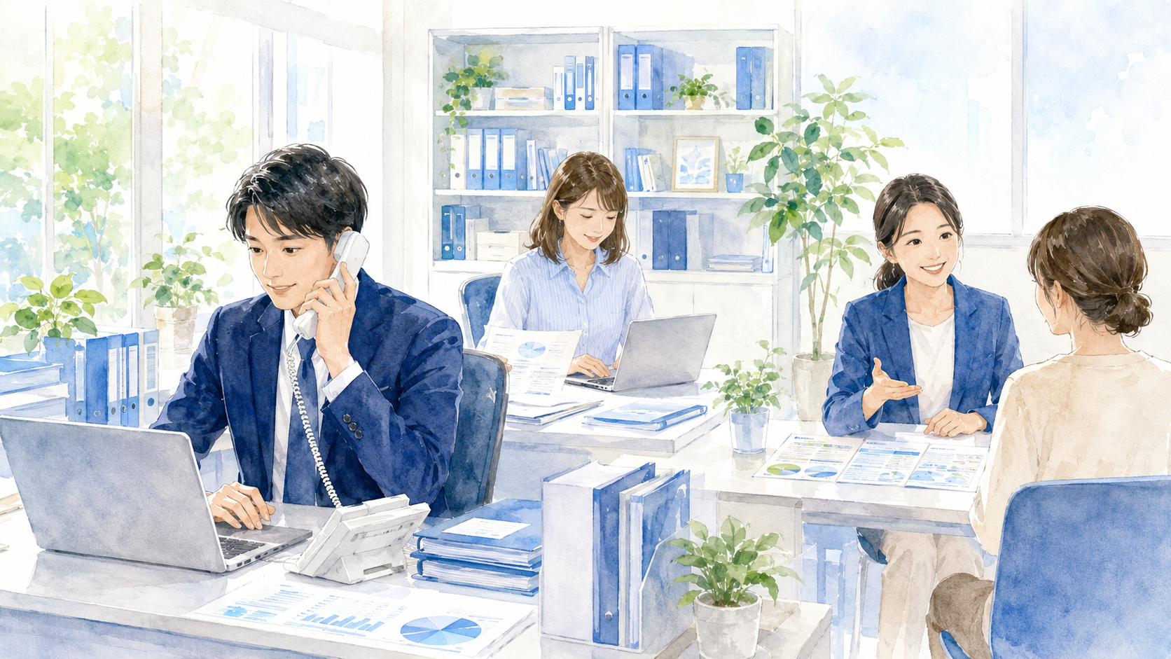 保険代理店業務の日常を表現したイラスト